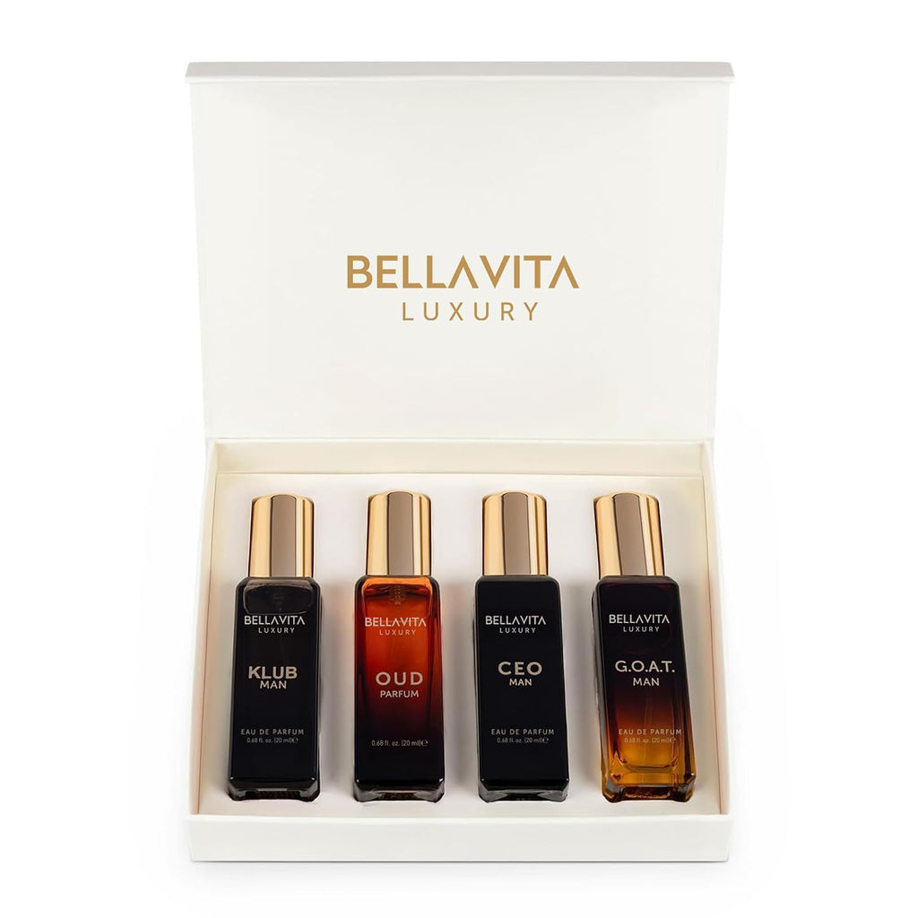 Bella Vita Organic Man Luxury Perfume Gift Set 4x20 ML for Men with Dominus, Oud, CEO, Impact Perfume|Woody, Citrusy Long Lasting EDP & EDC Fragrance Scent |80 ML