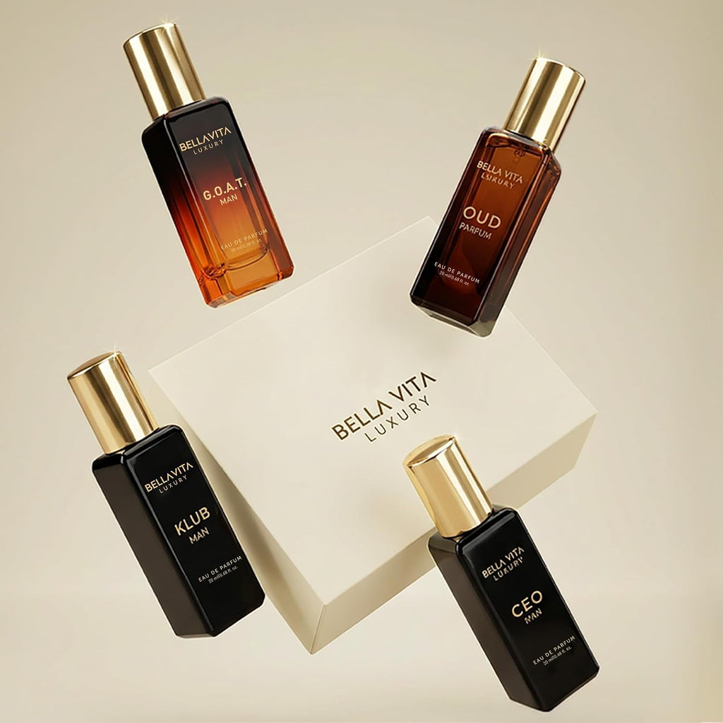 Bella Vita Organic Man Luxury Perfume Gift Set 4x20 ML for Men with Dominus, Oud, CEO, Impact Perfume|Woody, Citrusy Long Lasting EDP & EDC Fragrance Scent |80 ML