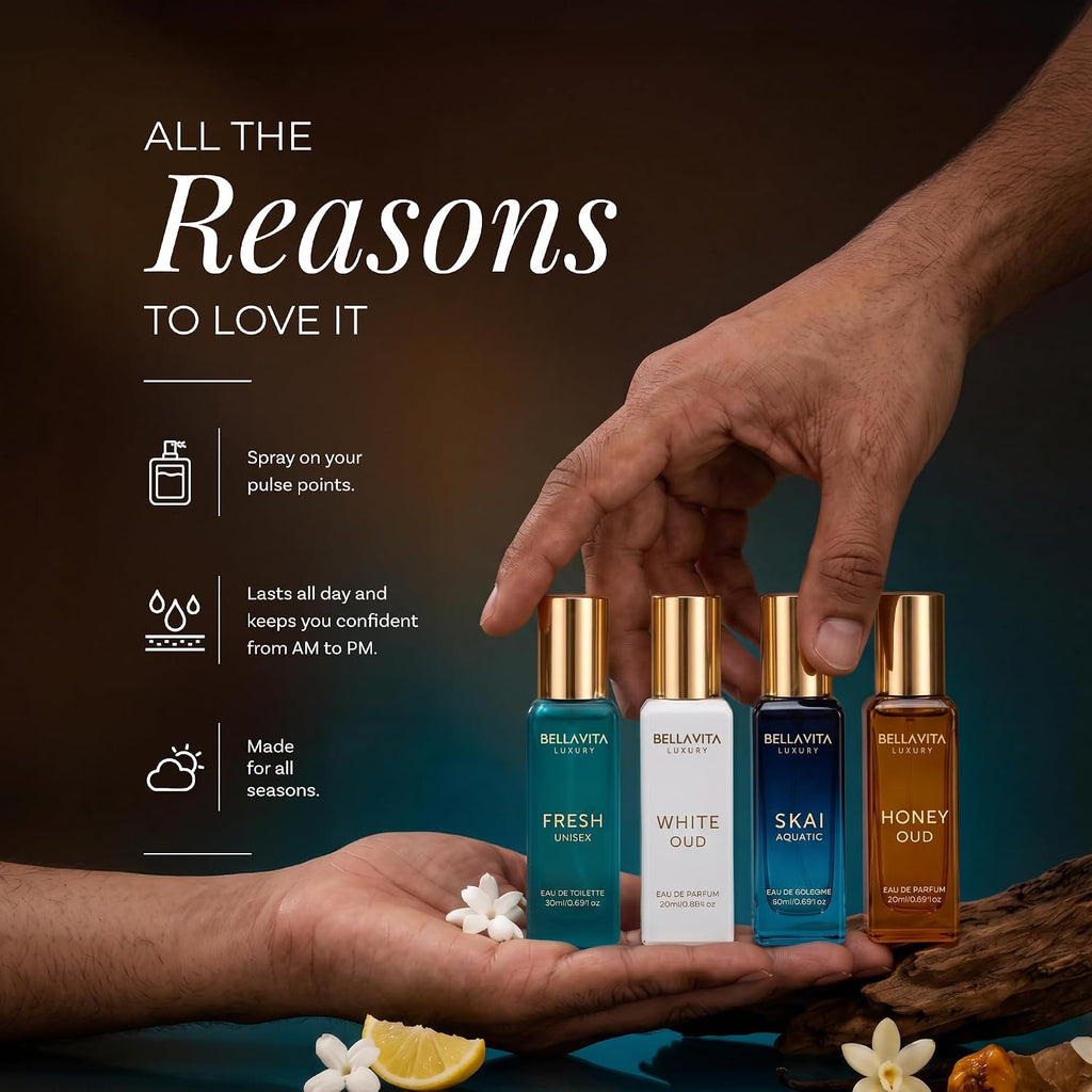 Bellavita Luxury Unisex Perfume Gift Set with Honey & White Oud, Skai, & Fresh | 80ml | Perfume for Men and Women | Honey, Artemisia Lemon, Bergamot, & Sweet Almond Notes