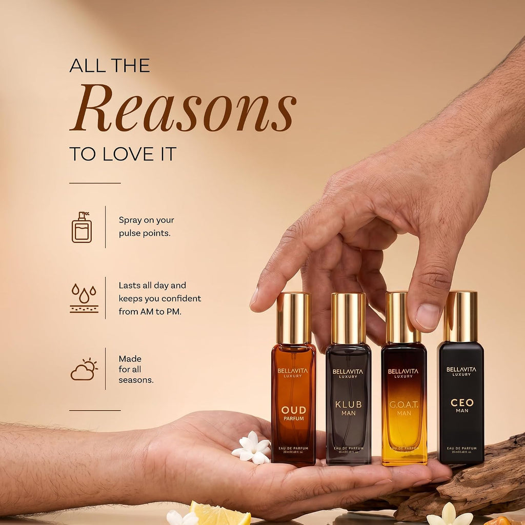 Bella Vita Organic Man Luxury Perfume Gift Set 4x20 ML for Men with Dominus, Oud, CEO, Impact Perfume|Woody, Citrusy Long Lasting EDP & EDC Fragrance Scent |80 ML