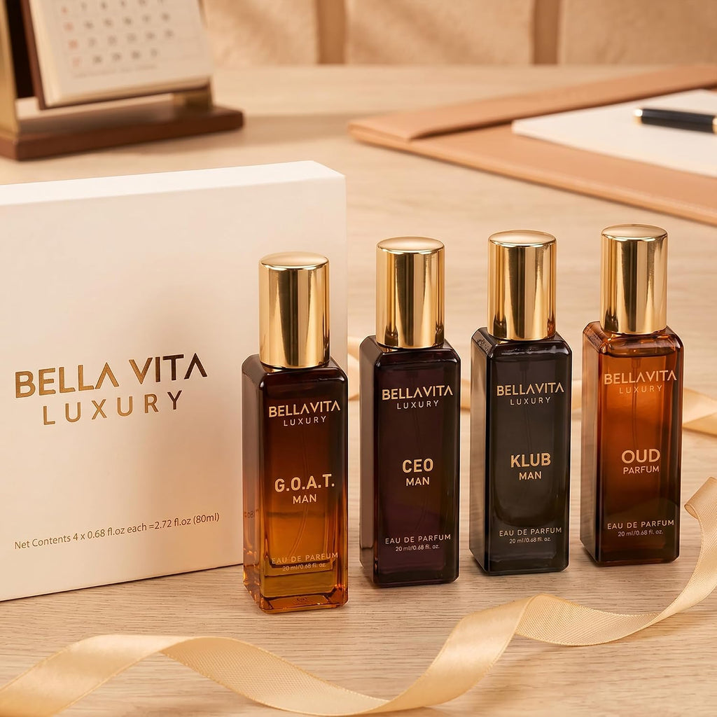 Bella Vita Organic Man Luxury Perfume Gift Set 4x20 ML for Men with Dominus, Oud, CEO, Impact Perfume|Woody, Citrusy Long Lasting EDP & EDC Fragrance Scent |80 ML